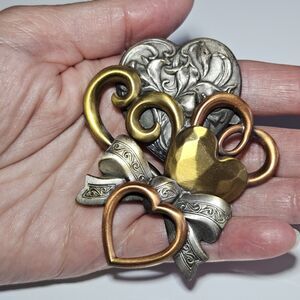 Vintage K&T HEART Brooch Mixed Metal Love Pin Silver Brass Tone Signed Jewelry